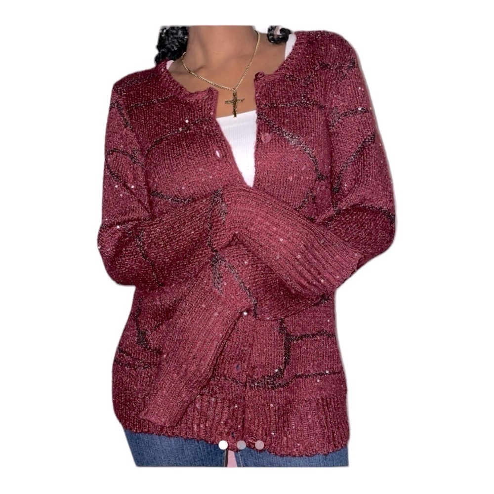 Simply Vera Vera Wang Red Sequin Button Cardigan Sweater XL Metallic Knit